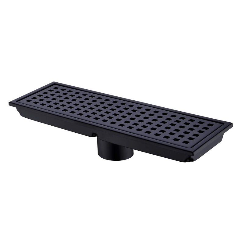 Orhemus Linear Shower Floor Drain with Removable Cover Grid Grate 12 inch Long Rectangle, SUS 304 Stainless Steel Matte Black Plated Finish - Image 1